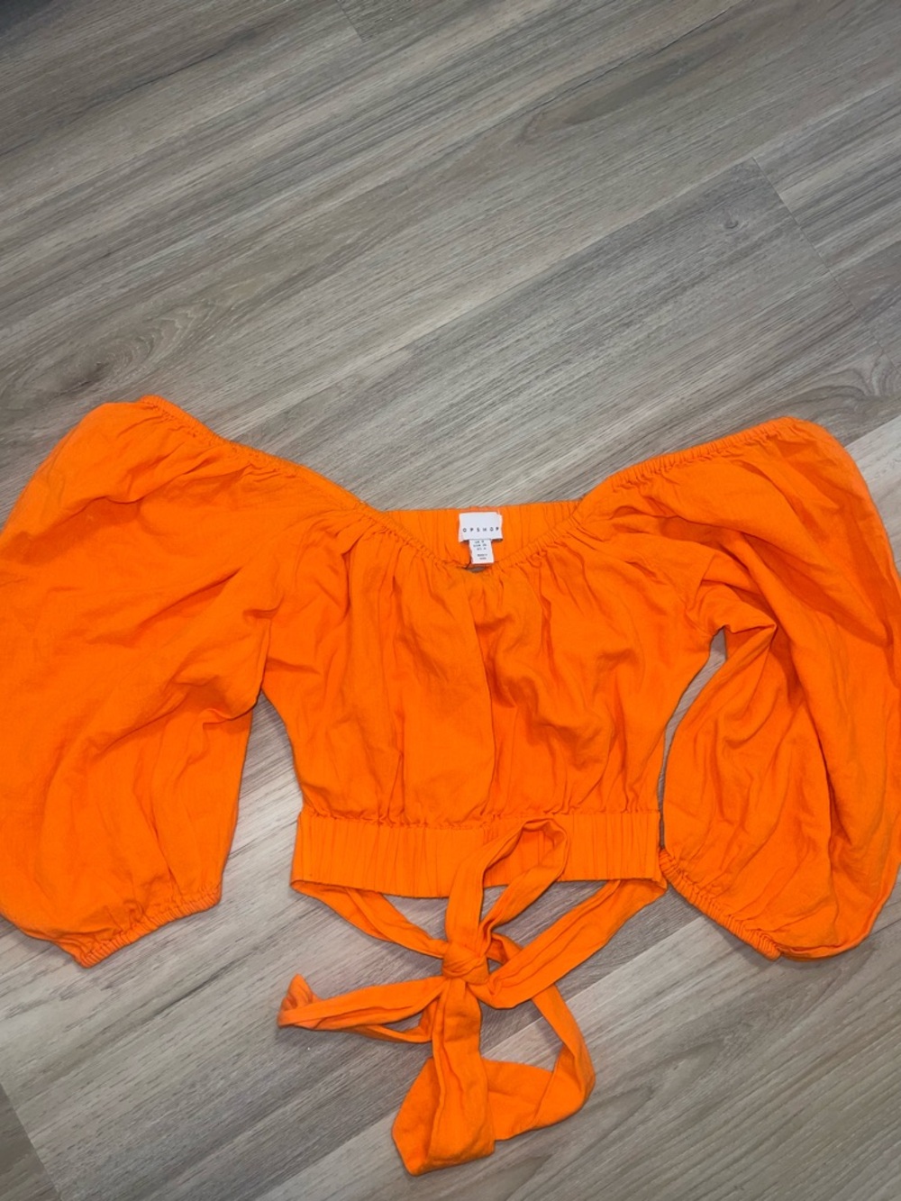 TOPSHOP Orange Balloon Sleeve Tie-Back Cropped Blouse